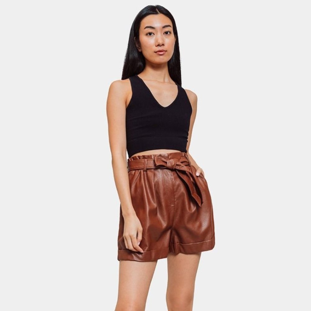 💖 NWT FRNCH Dina‎ Brown Faux Leather Paperbag Shorts